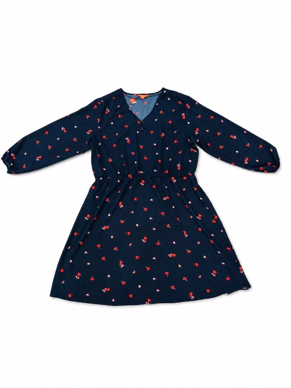 Joe Fresh+ Empire Waist Floral Dress 2X Navy Blue Long Sleeve V-Neck Cherry - Picture 1 of 5